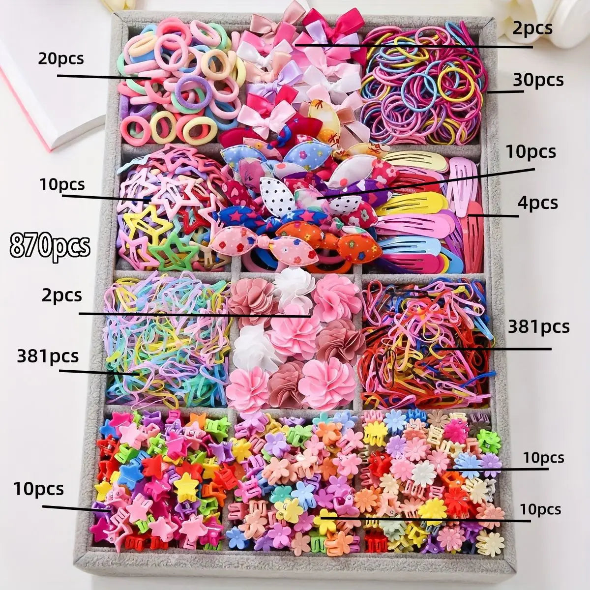 881Pcs Kids Hair Accessories – Clips, Ties & Scrunchies Set