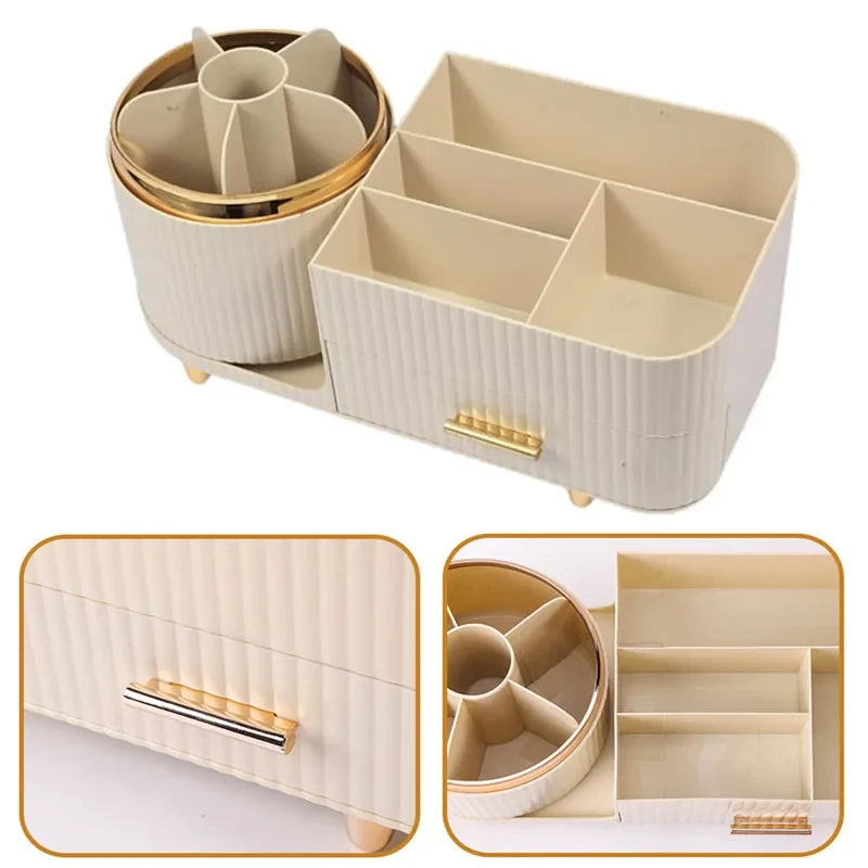 360 Rotating Makeup Brush Organizer with Drawer | Cream White