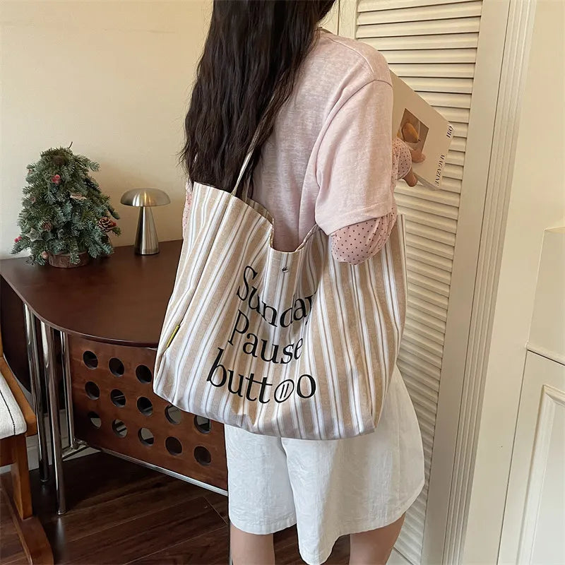 Women's Large Canvas Tote Bag – Striped Shoulder & Work Bag
