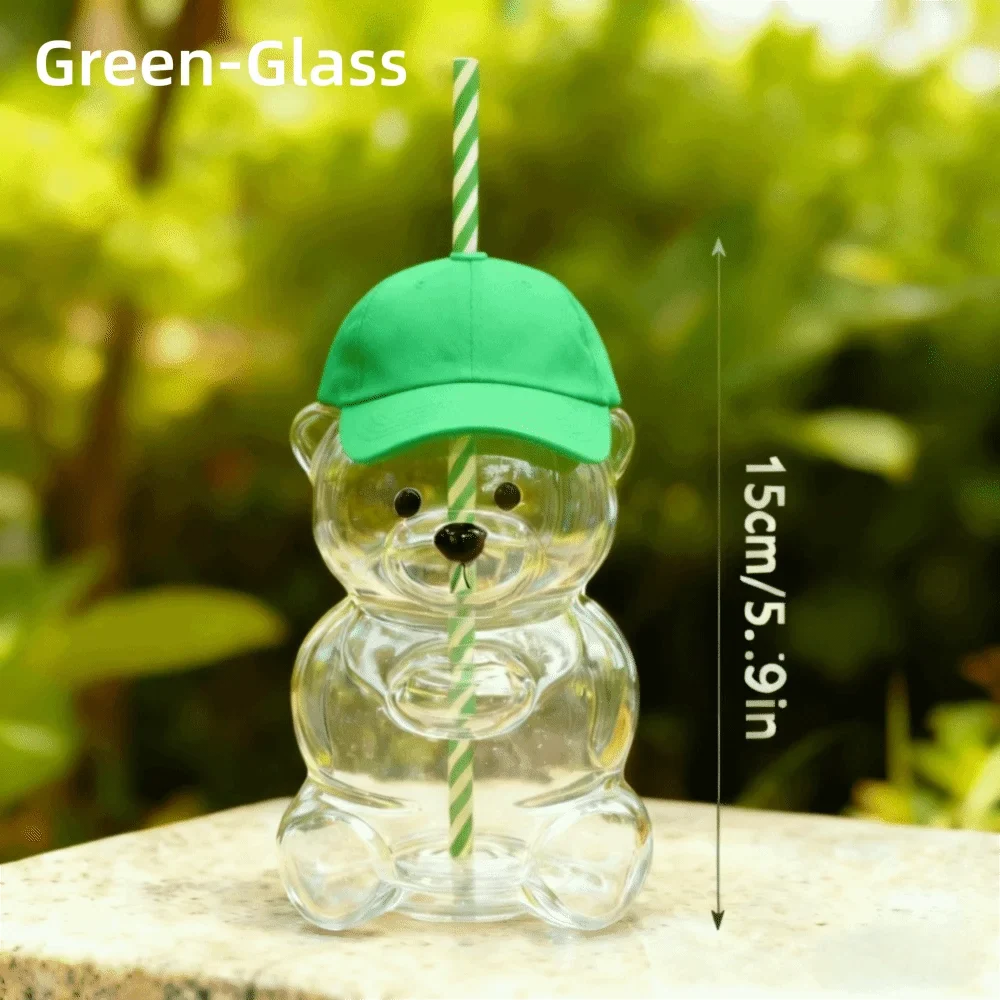 Teddy Bear Glass Cup with Lid & Straw – Large Capacity