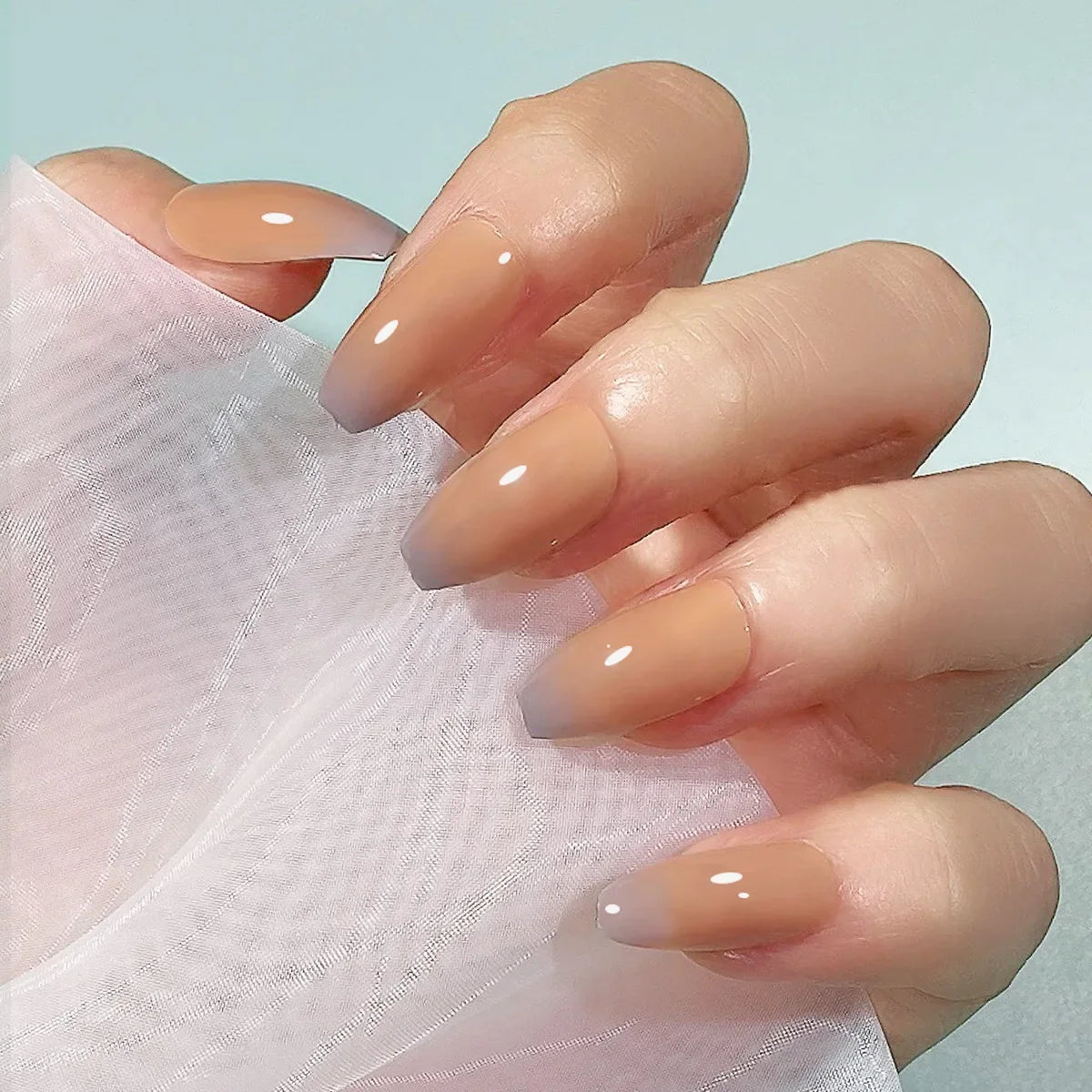 Handmade Press-On Nails Nude Khaki Gradient Rhinestone Size L