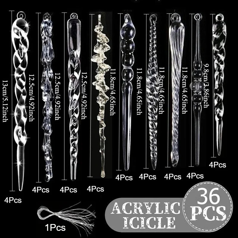 36PCS Clear Acrylic Icicle Christmas Ornaments – 9 Styles