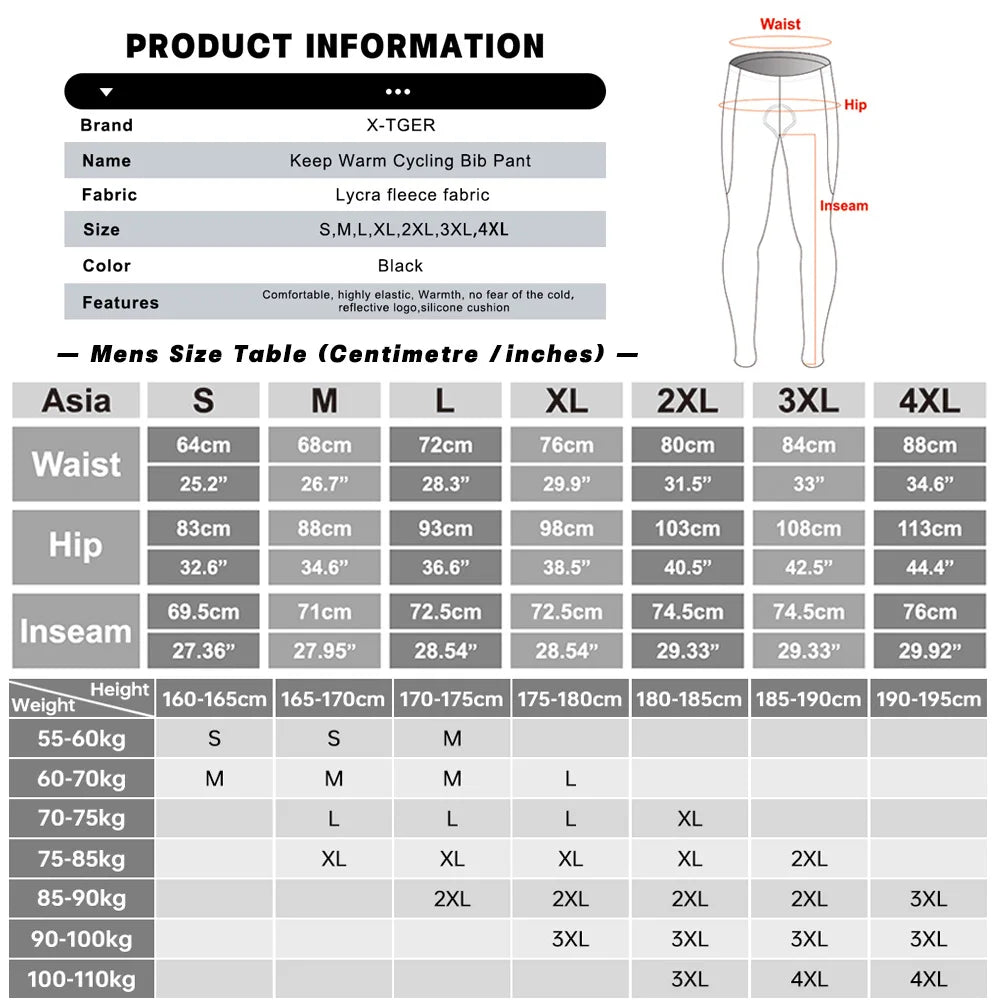 X-TIGER Men's Thermal Fleece Cycling Bib Pants – 5D Gel Pad