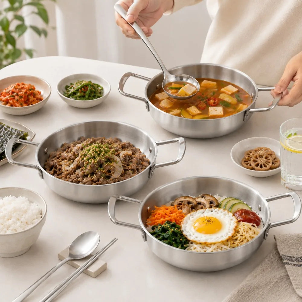 Korean Stainless Steel Cookware Set – 3 Pots & 1 Spoon