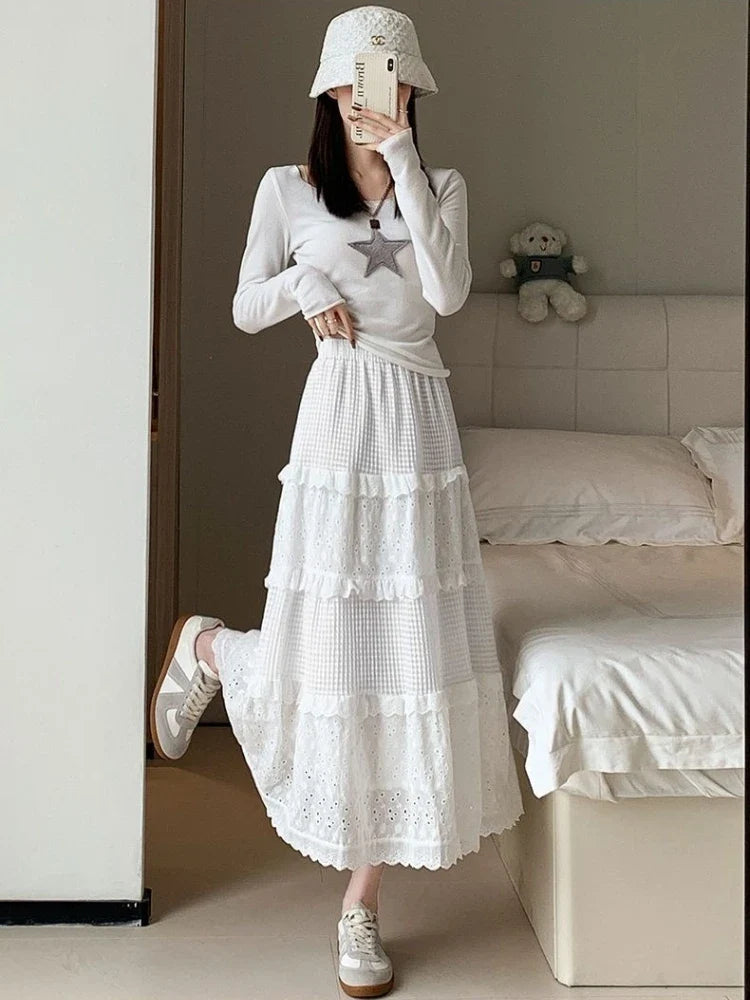 Women's Vintage High Waist A-Line Long Skirt – White & Black