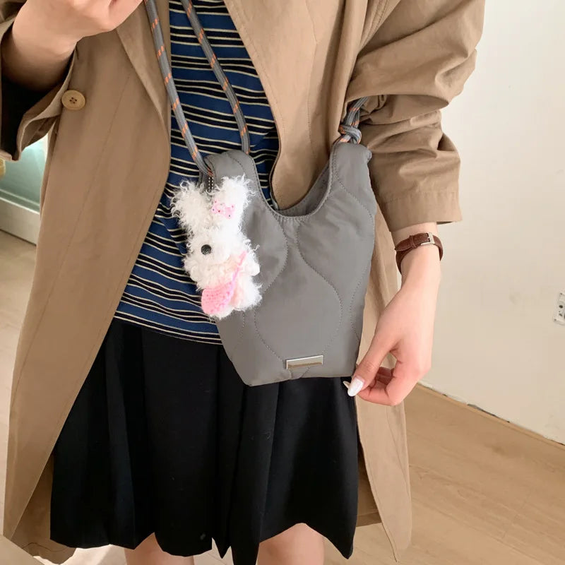 Women's Quilted Crossbody Phone Bag – Solid Mini Bucket Bag