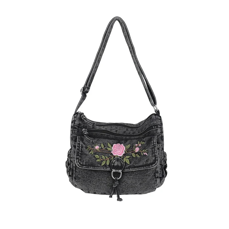 Embroidered Denim Crossbody Bag | Multi-Layer Shoulder Bag