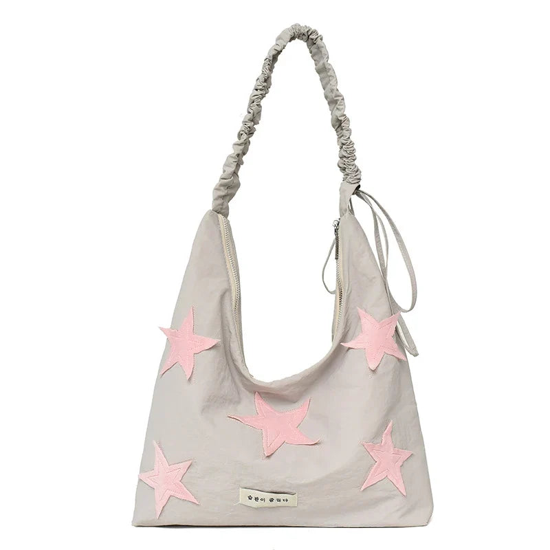 Korean Star Embroidered Canvas Tote Shoulder & Crossbody Bag