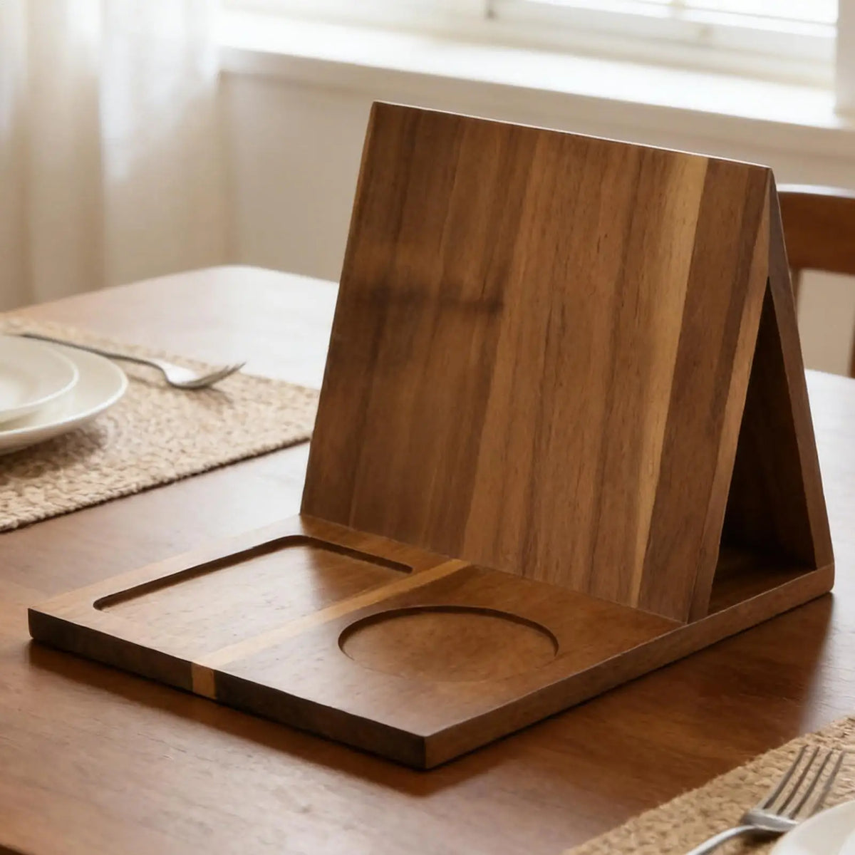 Wooden Triangle Book Stand with Drink Holder & Phone Slot