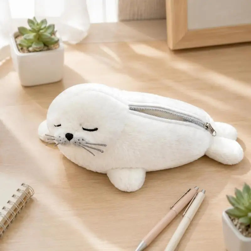 White Plush Seal Pencil Pouch – Zippered Fabric Pencil Case