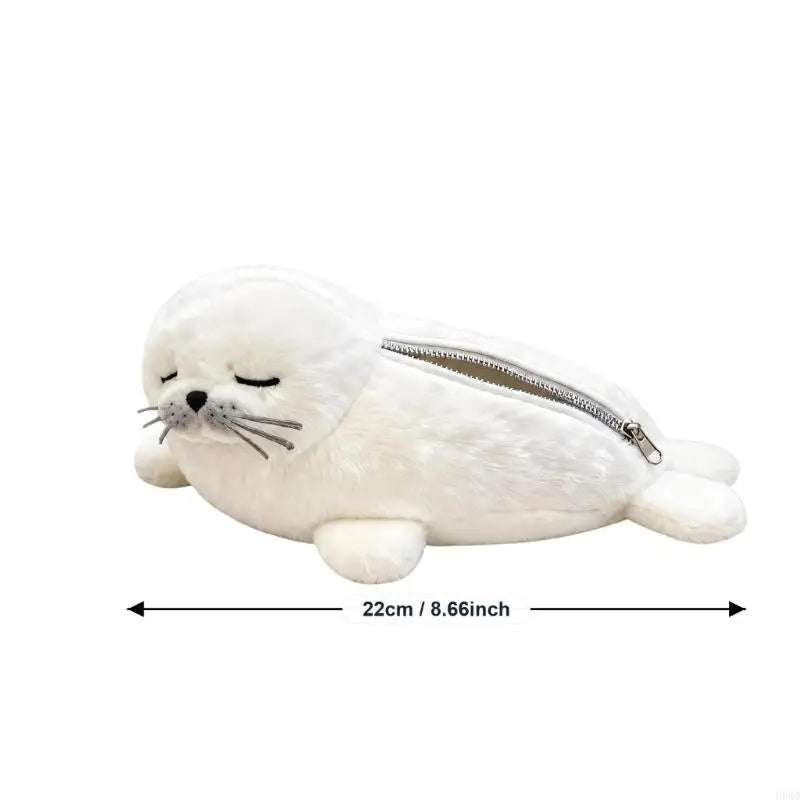 White Plush Seal Pencil Pouch – Zippered Fabric Pencil Case