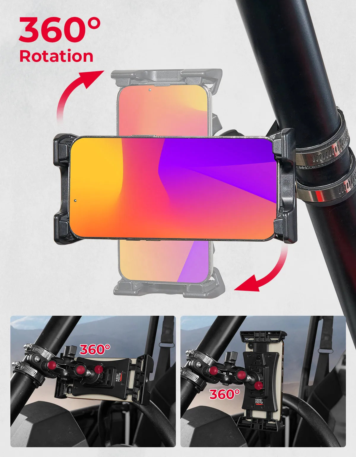 KEMIMOTO UTV ATV Phone Mount – 720° Adjustable, Fits 4.7"–13"