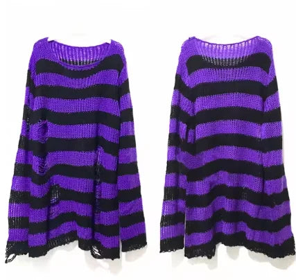 Women's Punk Gothic Oversized Striped Hollow Knit Sweater