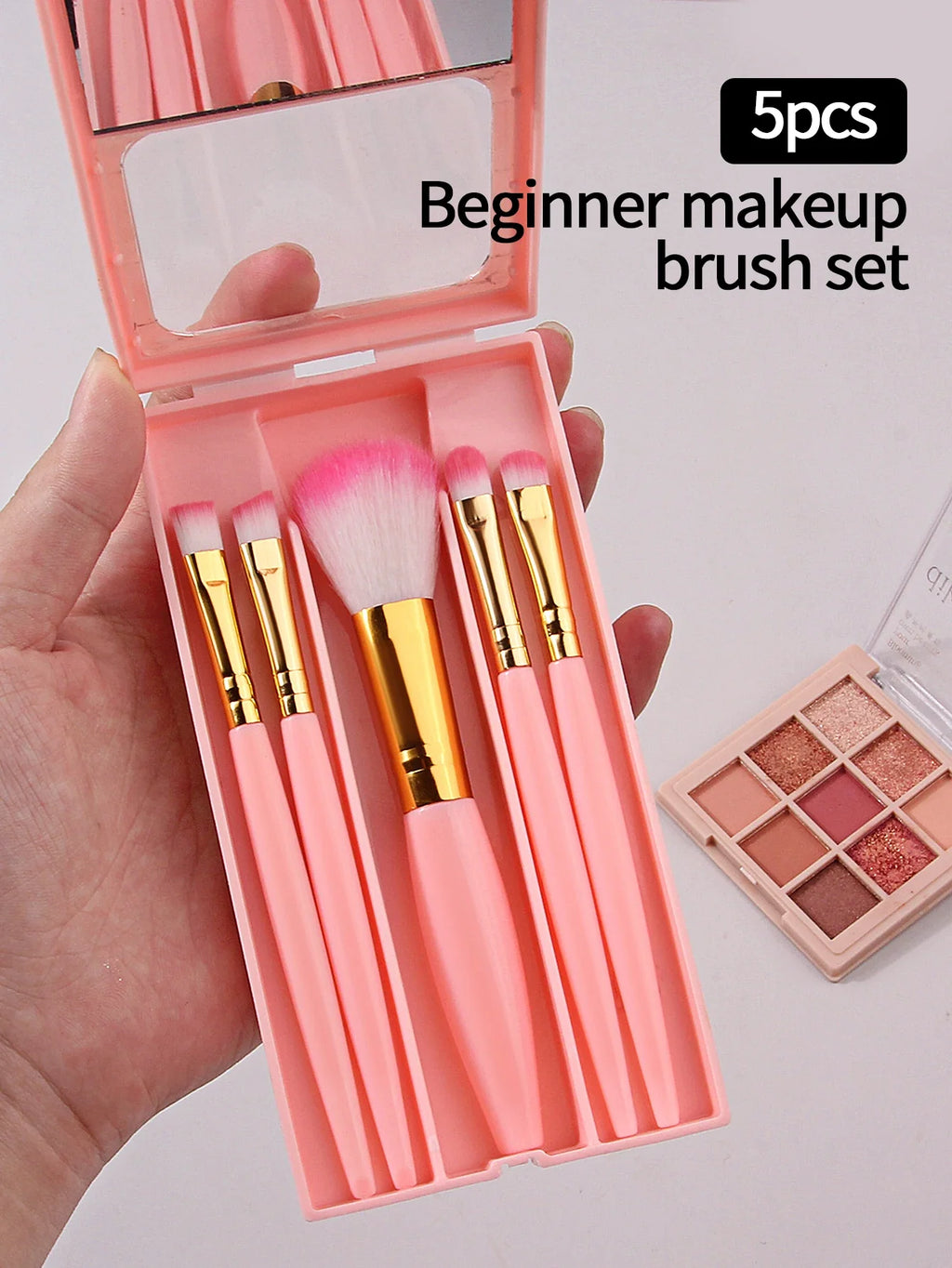 5-Piece Mini Travel Makeup Brush Set with Mirror Storage Box