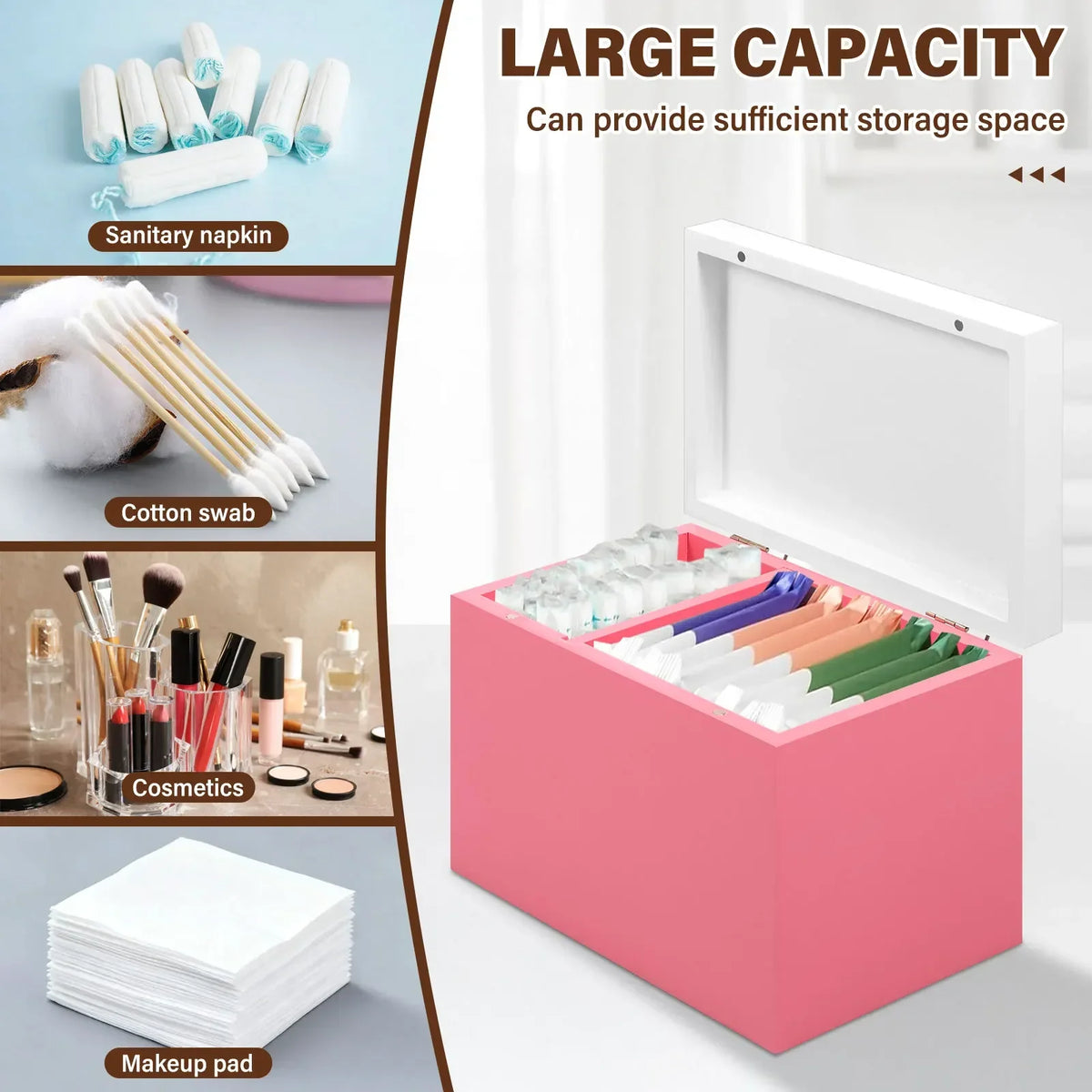 Wooden Tampon & Pad Organizer Box – 2-Compartment Hinged Lid