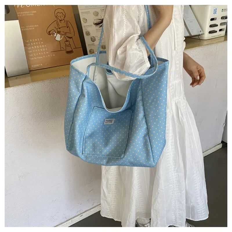 Large Canvas Tote Bag Women Polka Dot Korean Shoulder Bag