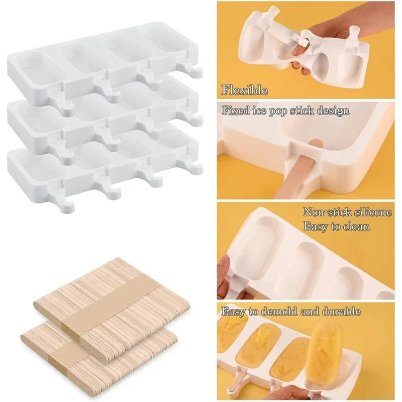 4-Pack Large Silicone Popsicle Molds with Wooden Sticks