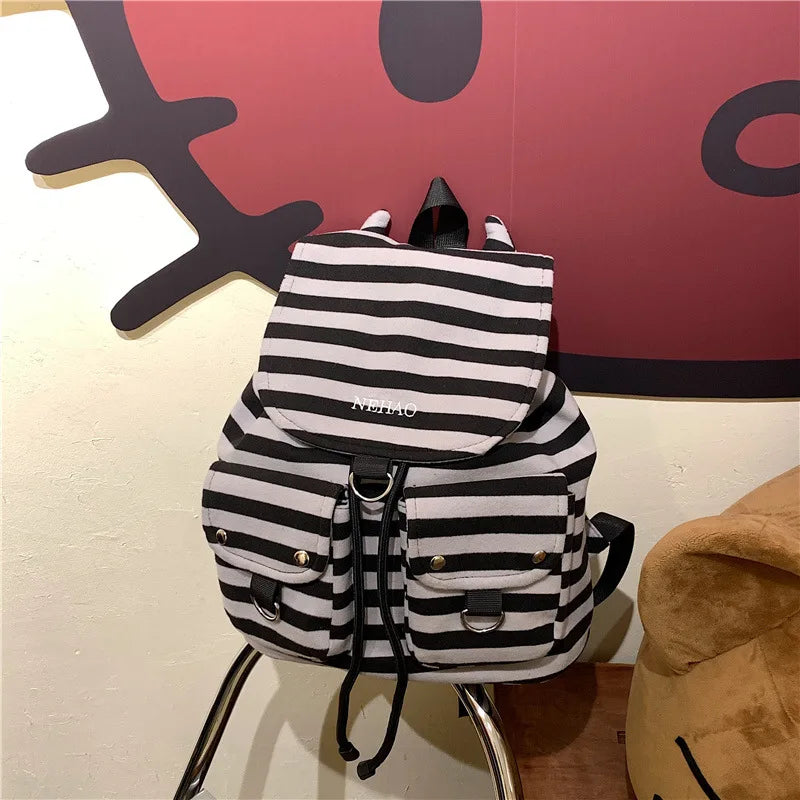 Korean Striped Canvas Drawstring Backpack – Casual School Travel Bag