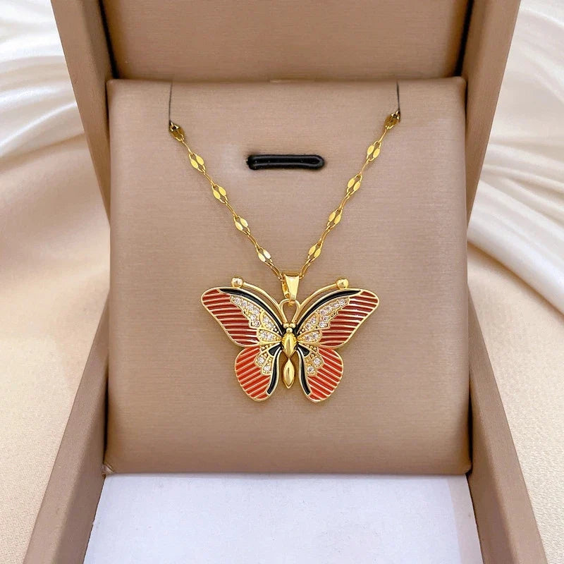 Red Butterfly Pendant Necklace – Gold Stainless Steel Choker