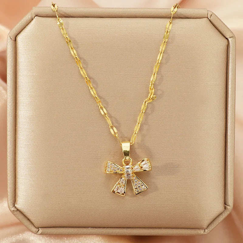 Zircon Bowknot Pendant Necklace | Gold Stainless Steel Chain