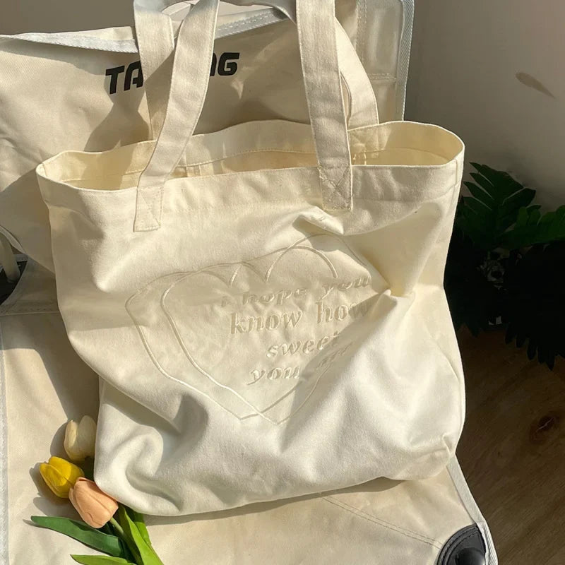 Korean Heart Embroidery Canvas Tote Bag – Large Capacity