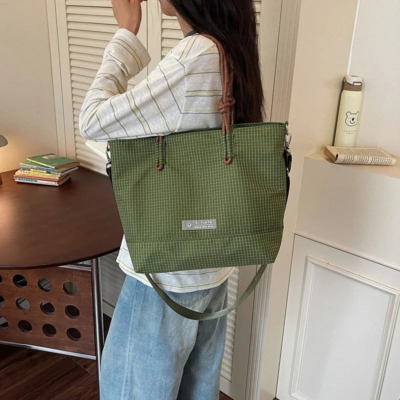 Japanese Plaid Nylon Tote Bag – Large Capacity Work & School