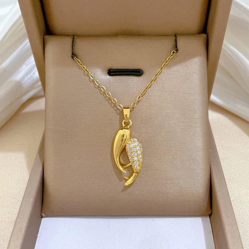 Double Fish Pendant Necklace – Gold Stainless Steel Choker