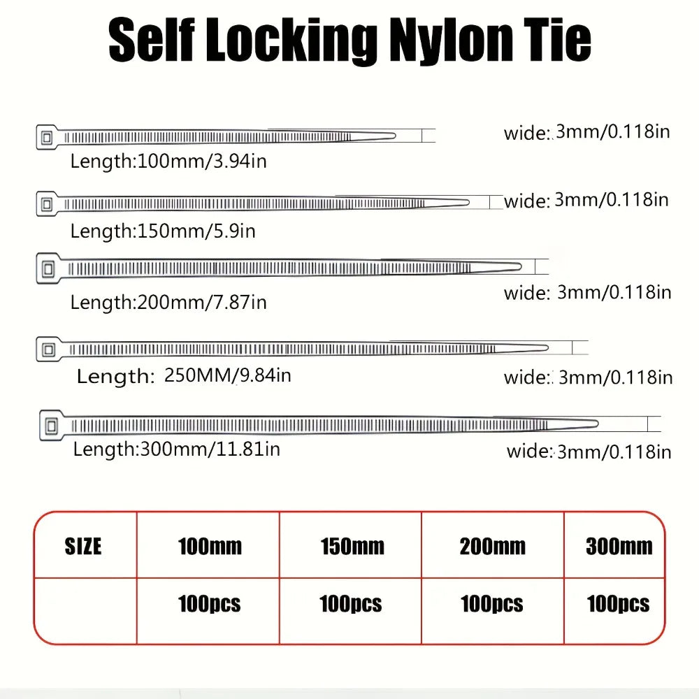 100Pc Self-Locking Nylon Cable Ties 4/8/12 Inch – 50lb Hold