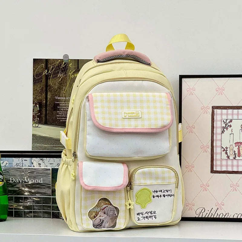 Polka Dot Plaid Girls School Backpack – Large Capacity Bag
