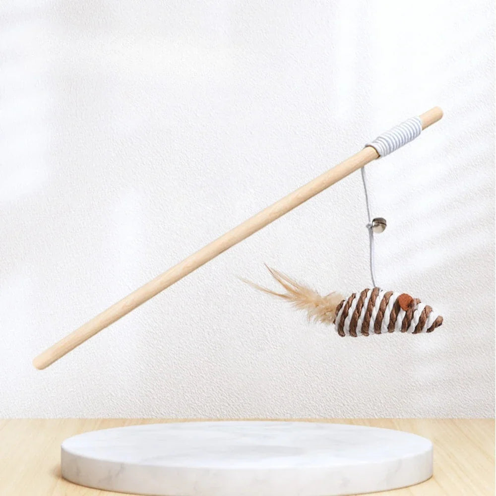 Wooden Handle Cat Teaser Wand – Feather, Bell & Elastic String
