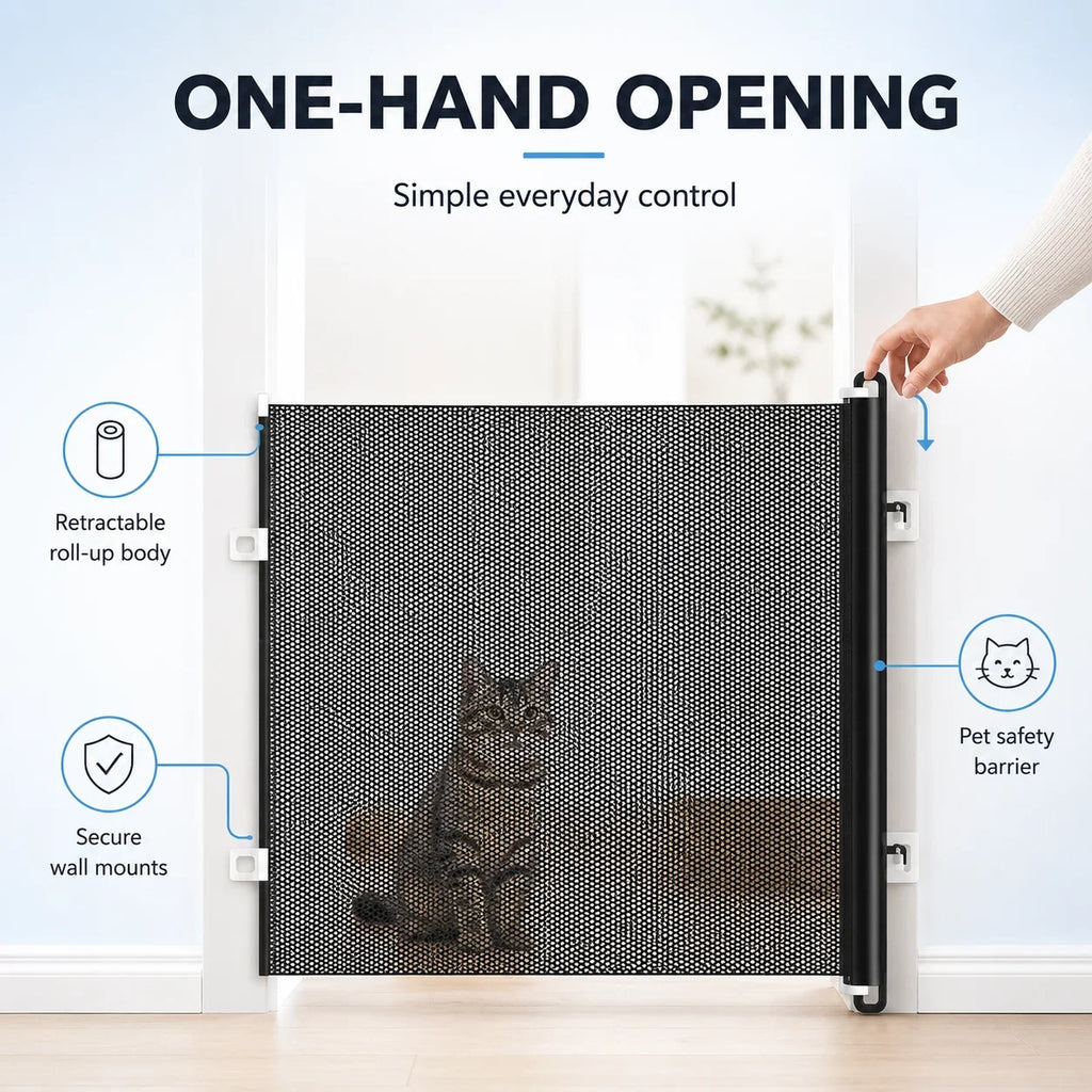 Retractable Mesh Pet Safety Gate for Dogs & Cats | No Drill