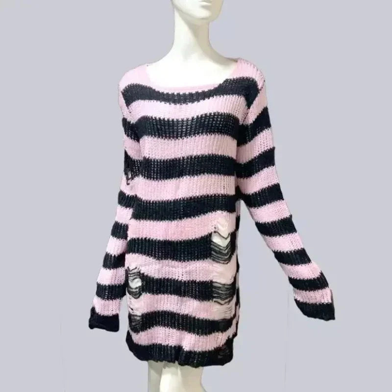 Women's Punk Gothic Oversized Striped Hollow Knit Pullover Sweater