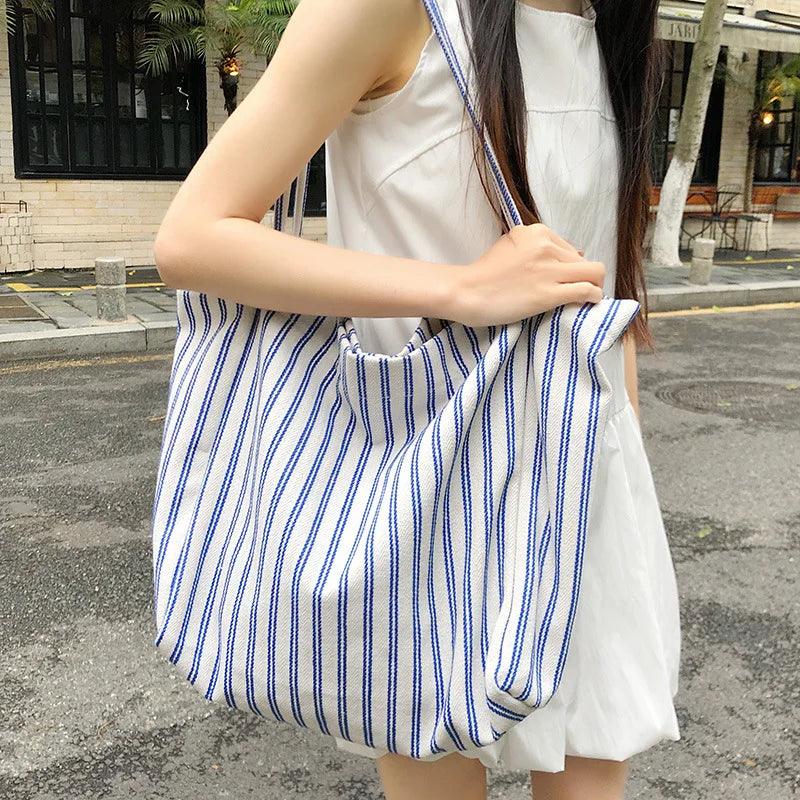 Korean Striped Canvas Tote Bag – Large Capacity Shoulder Bag