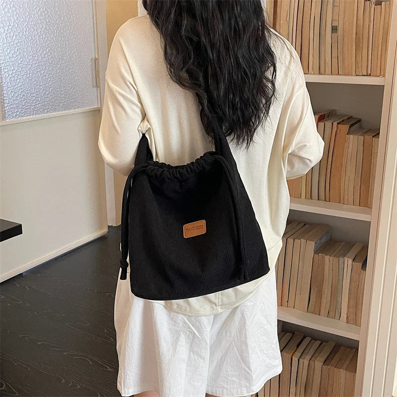 Korean Minimalist Plush Drawstring Tote Bag – Large Capacity
