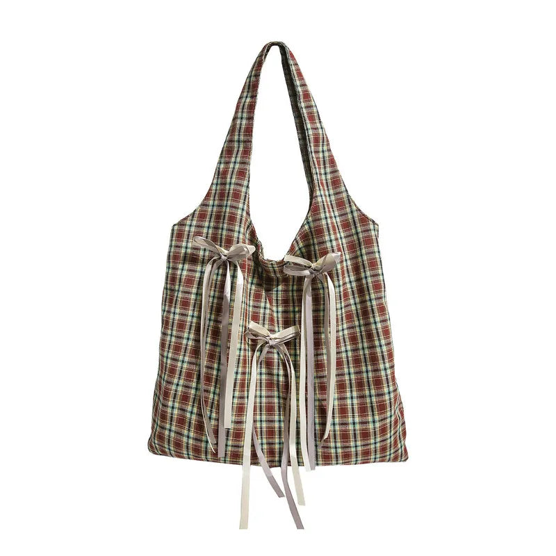 Korean Academia Plaid Bow Tote Bag – Large Canvas Shoulder Bag