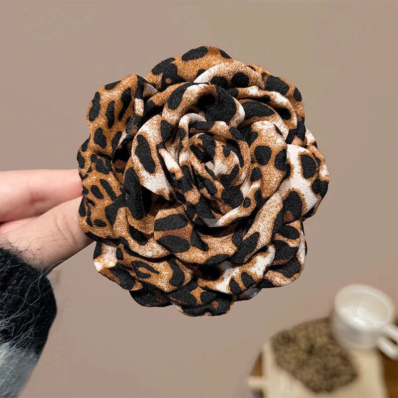 Leopard Print Fabric Rose Flower Hair Claw Clips for Women