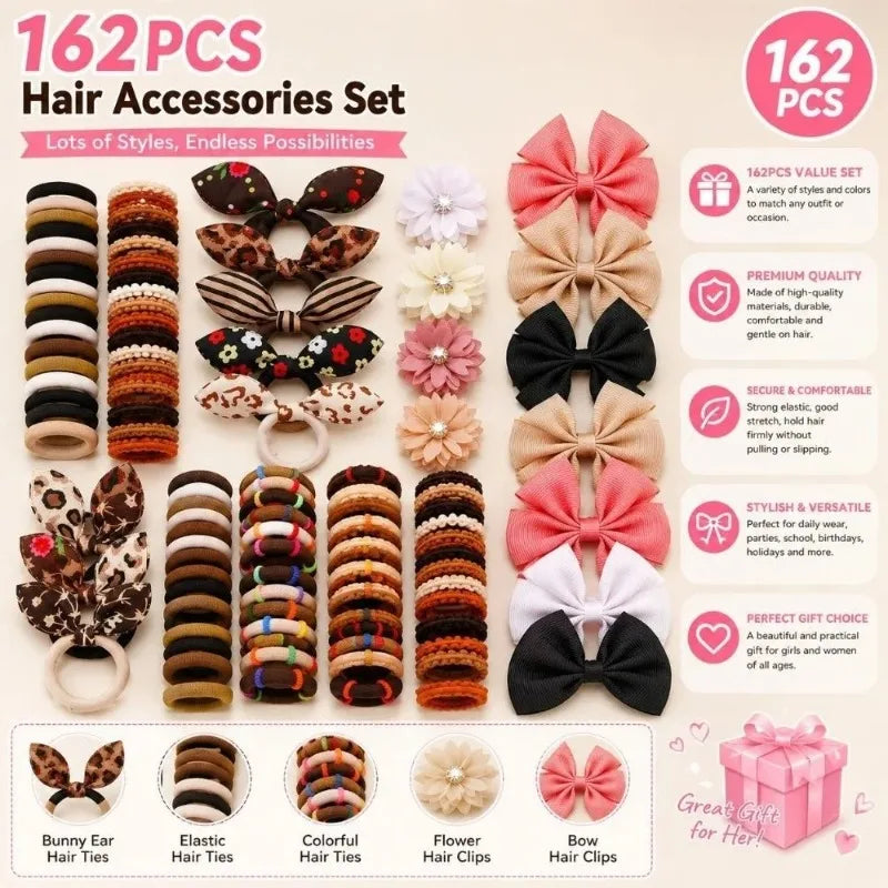 Girls Elastic Floral Bow Hair Bands & Bunny Ear Hair Ties Set