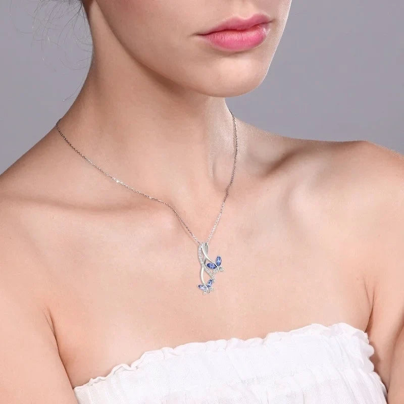 Women's Zircon Butterfly Pendant Necklace | Silver Blue Red Green