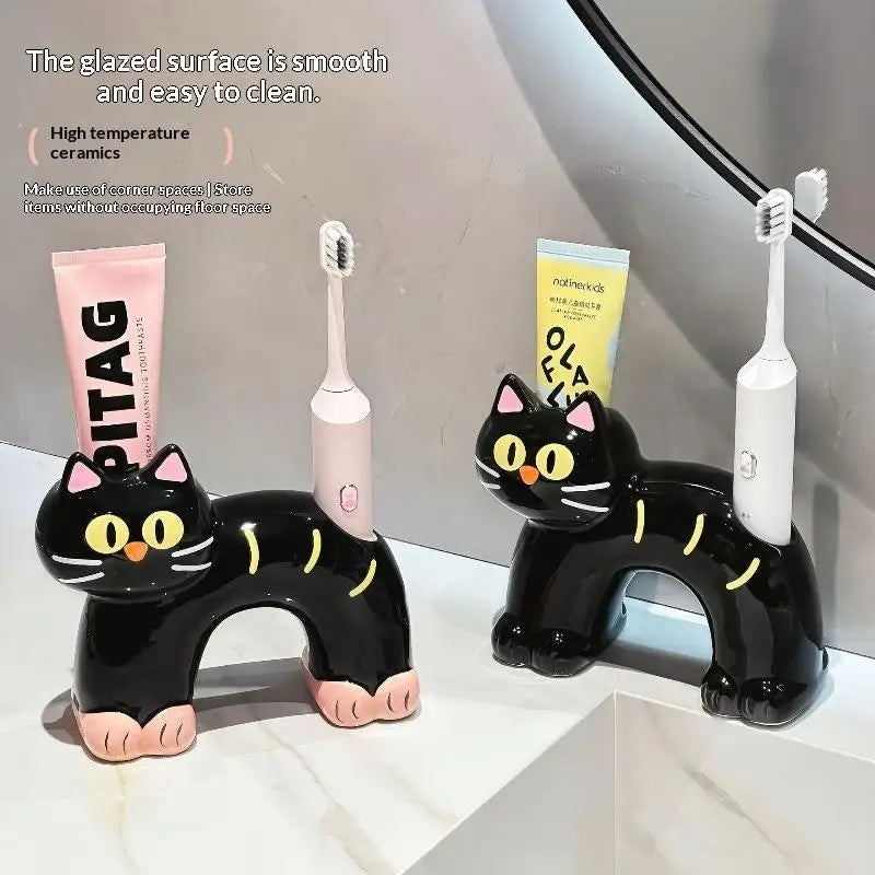 Ceramic Cat Toothbrush Holder – No-Drill Self-Adhesive Rack