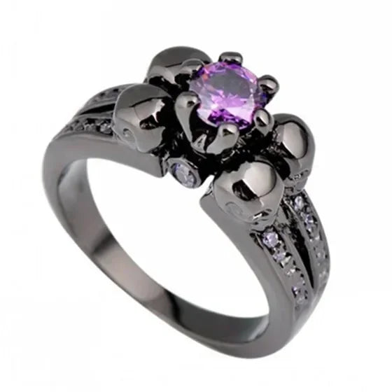 Men's Skull Purple Zircon Ring Black Gold Punk Jewelry Sz 6–10
