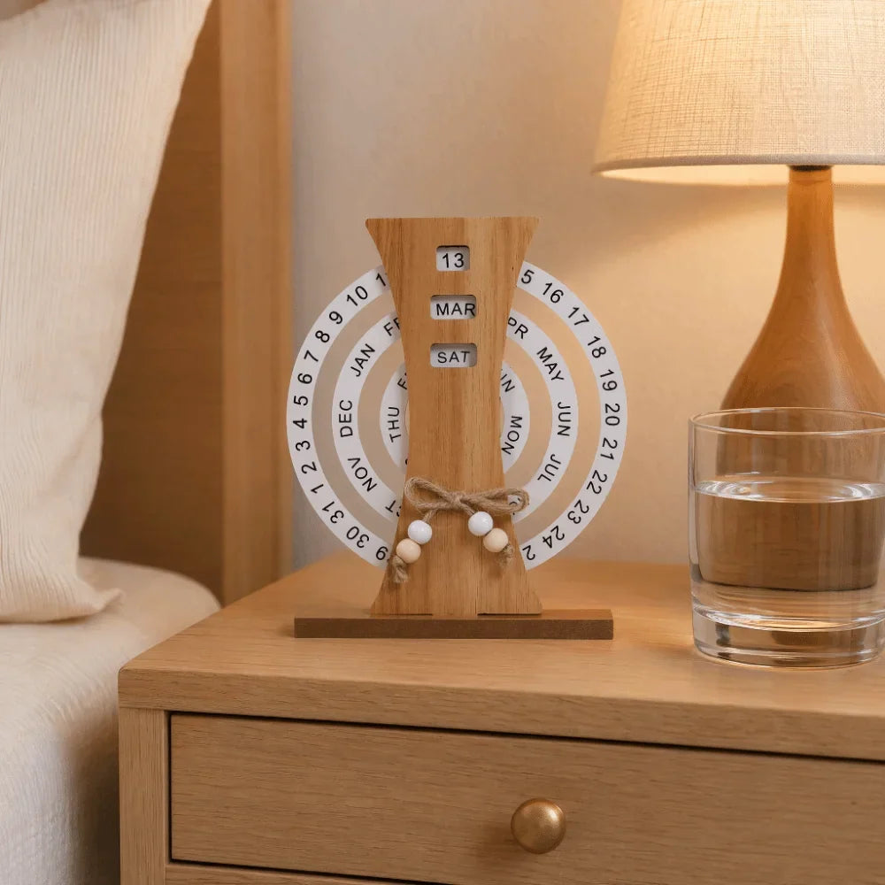 Wooden Perpetual Desk Calendar – Rotatable 3-Disc Date Keeper