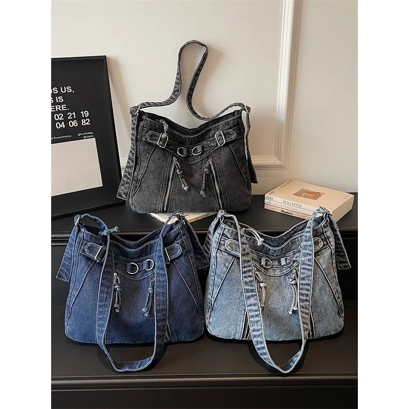Vintage Denim Tote Bag – Large Crossbody Shoulder Bag