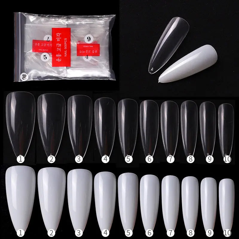500PCS Clear Acrylic Press On Nails – Almond Stiletto Coffin Tips