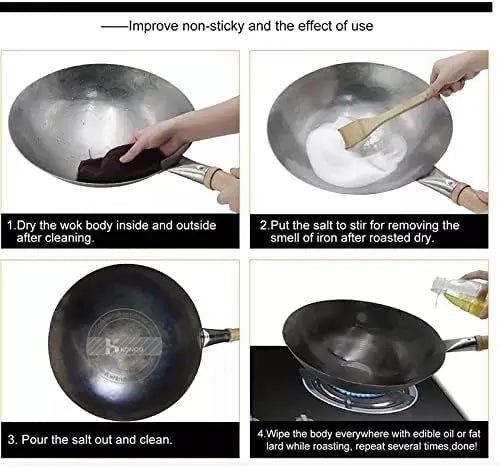 FEB.WIND Hand Forged Iron Wok – Non-Coating, Wooden Handle