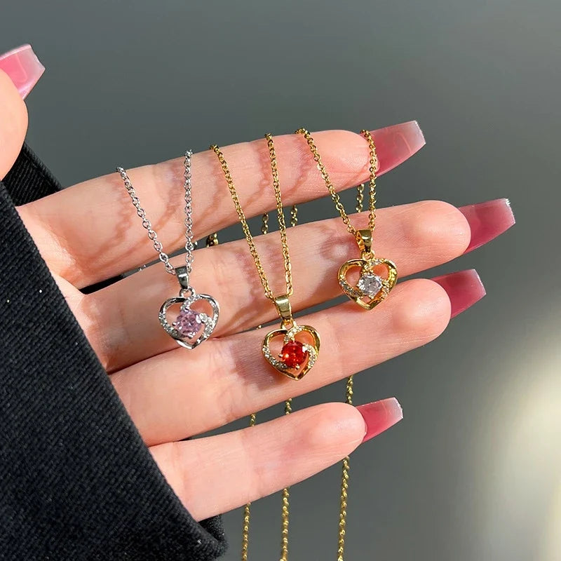 Heart Shaped Copper Pendant Necklace | Zircon Collarbone Chain