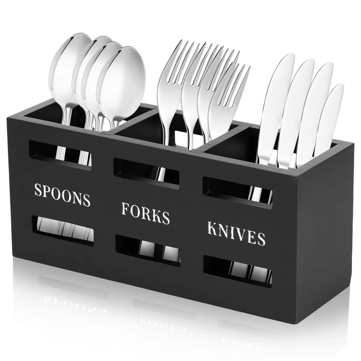 Wood Utensil Caddy – 3-Compartment Silverware Organizer