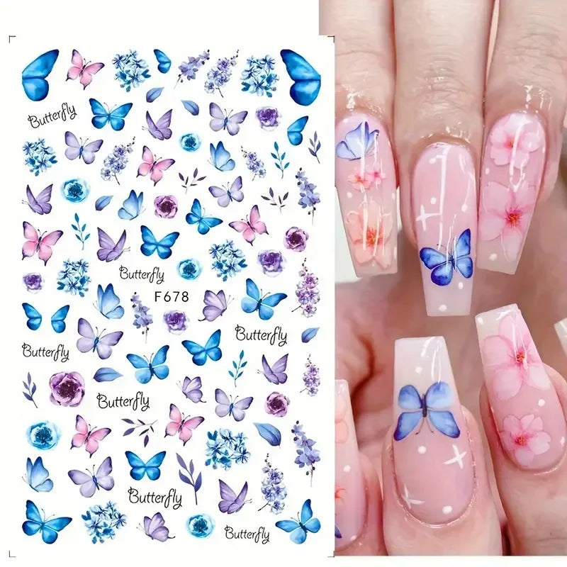 Spring Butterfly Flower Nail Art Stickers – 6 Sheets Glitter