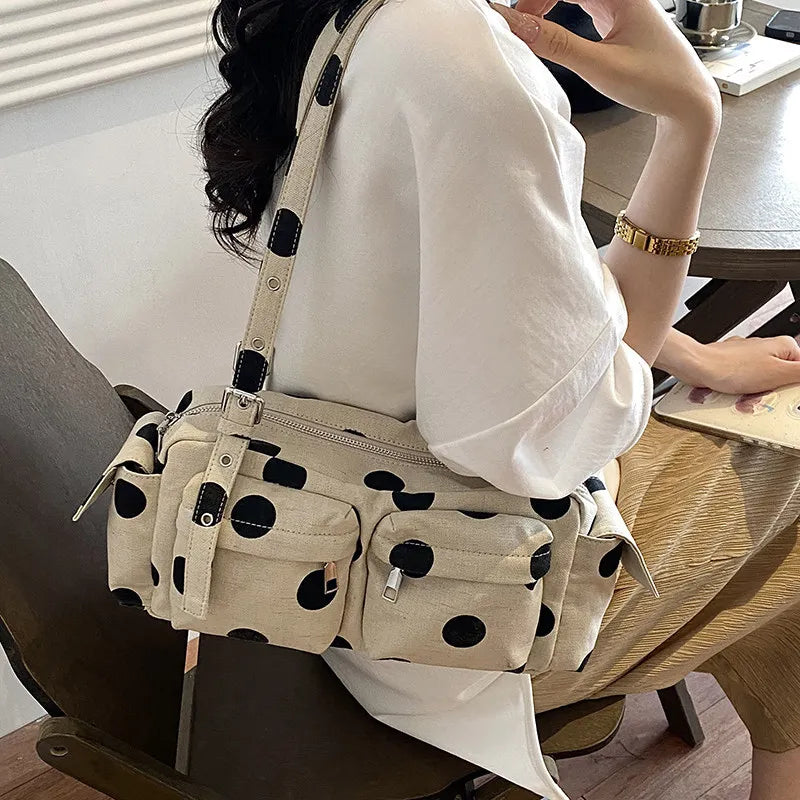Korean Polka Dot Canvas Tote Bag – Large Women's Shoulder Bag