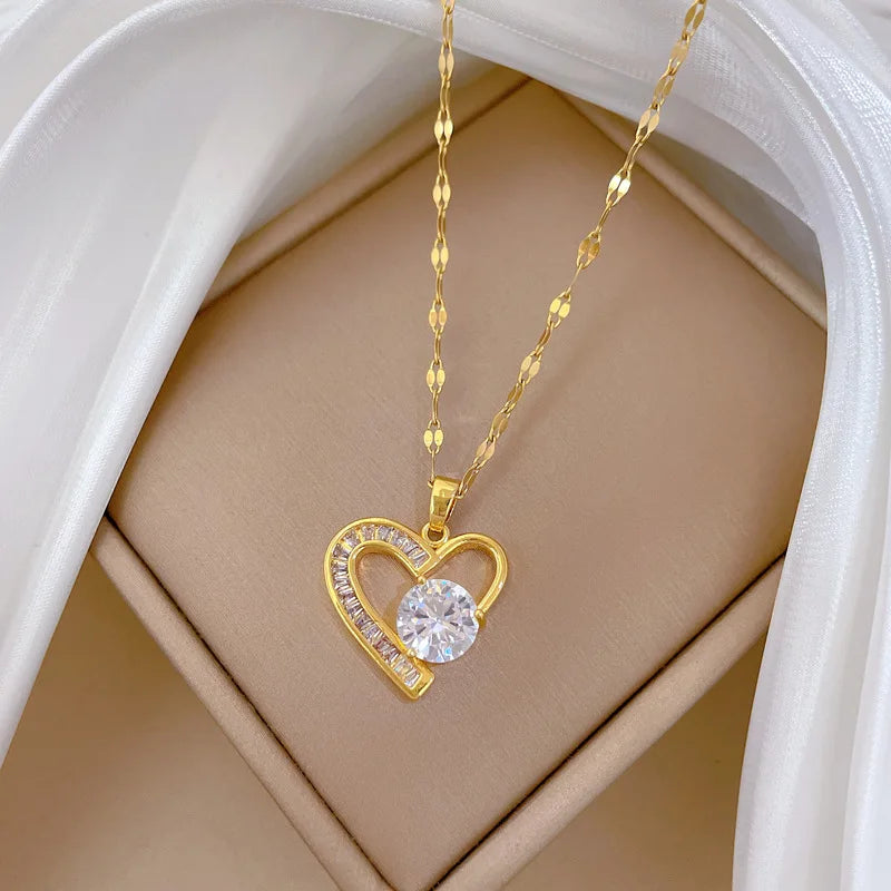 Women's Heart Pendant Necklace – Gold Stainless Steel Choker
