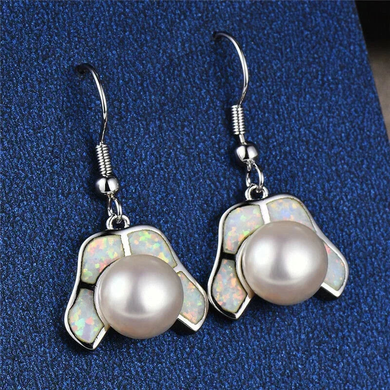 White Pearl Simulated Opal Silver Dangle Drop Earrings